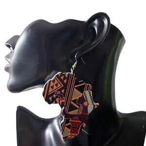 Womens Africa Map Geometric Painted African American Retro Wooden Hook Earrings